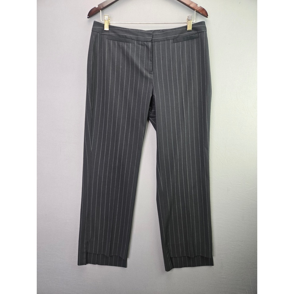 Halogen Pinstripe Dress Pants Size 10 Gray Straight Leg Stepped Hem Stretch 2217